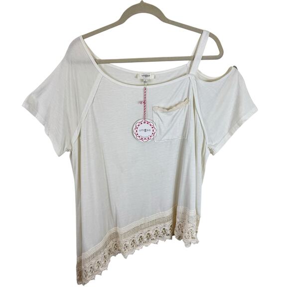 Umgee Tops - Umgee NWT Cream Cold Shoulder Crochet Lace Trim Short Sleeve Cotton Blend Top L